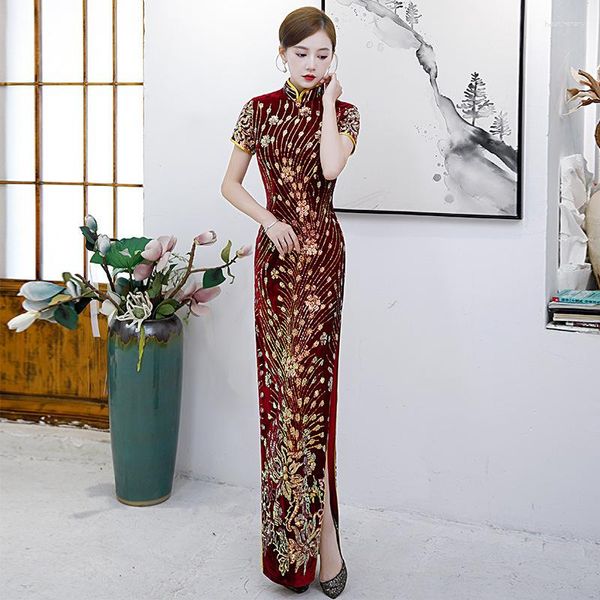 Roupas étnicas Tradicionais Mulheres Lantejoulas Bordado Veludo Chinês Cheongsam Vestido Elegante Senhoras Vintage Veludo Qipao Oversize 5XL