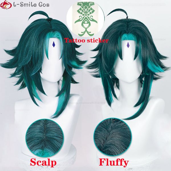 Parrucche Cosplay Gioco Genshin Impact Cosplay Xiao Parrucca 40 cm Capelli corti verdi con adesivi Anello Parrucche sintetiche resistenti al calore Protezione per parrucca 230824