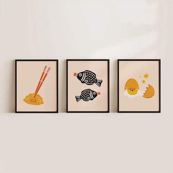 Pintura em tela Alimentos fofos Molho de soja Peixe Nórdico Gyoza Ovo Pôsteres Arte de parede Imagens impressas para sala de jantar moderna Decoração de cozinha Presente sem moldura Wo6