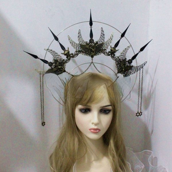 Punk sivri başlık Gotik Lolita Kraliçe Tanrıça Cosplay Barok Çiçek Halo Head Band Ejderha Kafatası Saç Aksesuarları