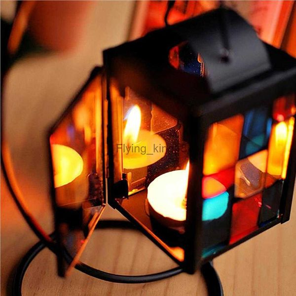 Piccola lanterna con lampada a candela con supporto Candeliere in vetro colorato per la casa HKD230825