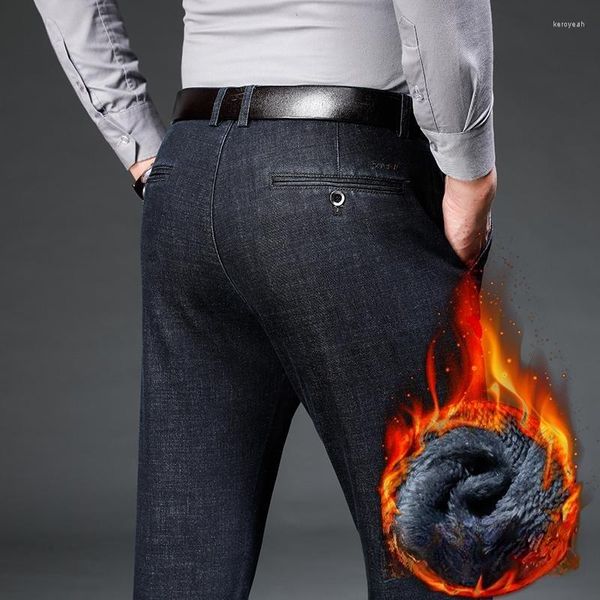 Jeans masculinos velo outono e inverno engrossado quente solto calças retas negócios casual diário escritório bonito calças masculinas