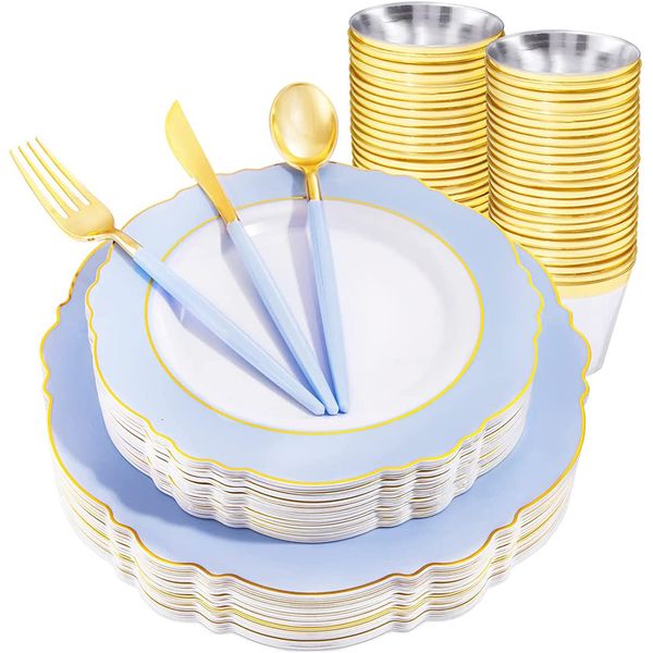 Louça descartável 60 pcs pratos de jantar conjunto bandeja de plástico azul com borda de ouro talheres suprimentos de festa de casamento 230825