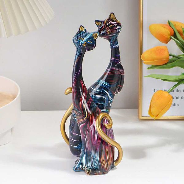 2 pezzi colorato statua di gatto home office decor graffiti resina coppia animale scultura e figurine euro interni accessori per la camera HKD230825 HKD230825