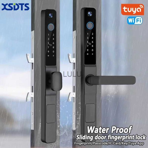 Tuya app à prova dwaterproof água inteligente impressão digital senha cartão fechadura da porta ponte-corte liga de alumínio para puxar ao ar livre push porta deslizante hkd230824