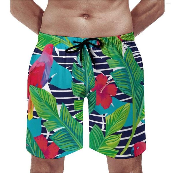 Herren-Shorts, Board-Spaß, Palmenblätter, lässige Strandhose, schwarz, weiße Streifen, rote Blume, Laufen, Surfen, trendige kurze Hosen in Übergröße