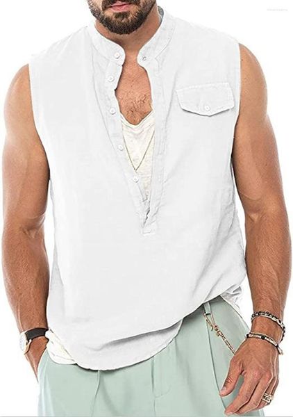 Tanques masculinos 2023 homens algodão linho camisola de pé colarinho solto sem mangas colete bolsos de grandes dimensões básico masculino praia camisas roupas dos homens