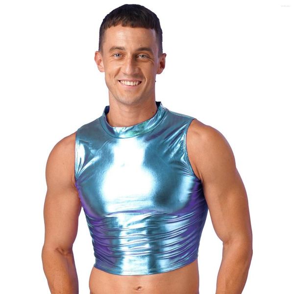 Tanques masculinos sexy metálico colheita topo masculino olhar molhado sem mangas couro de patente curto colete dança rave festa clubwear verão homem