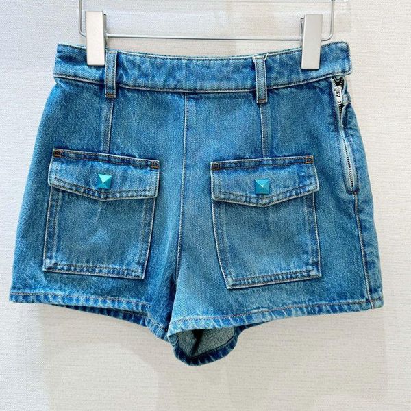 Shorts femininos jeans 23vintage primavera azul profundo moda pista cintura rebite bolsos super chique mulheres roupas de alta qualidade