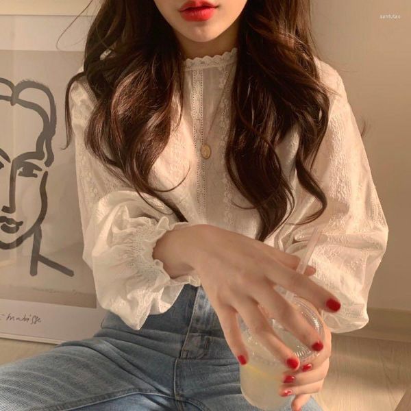 Blusas femininas 2023 branco oco para fora blusa feminina rendas boho coreano lolita streetwear camisa das mulheres topos leite seda blusas camisas