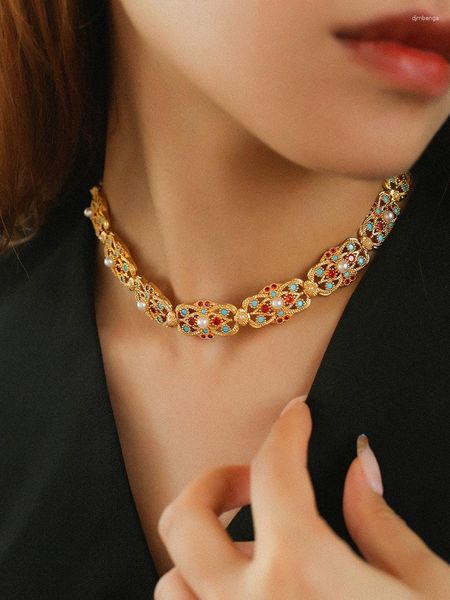 Girocollo in ottone vintage perline colorate ritaglio collana a catena gioielli da donna punk designer abito da passerella Boho Giappone coreano
