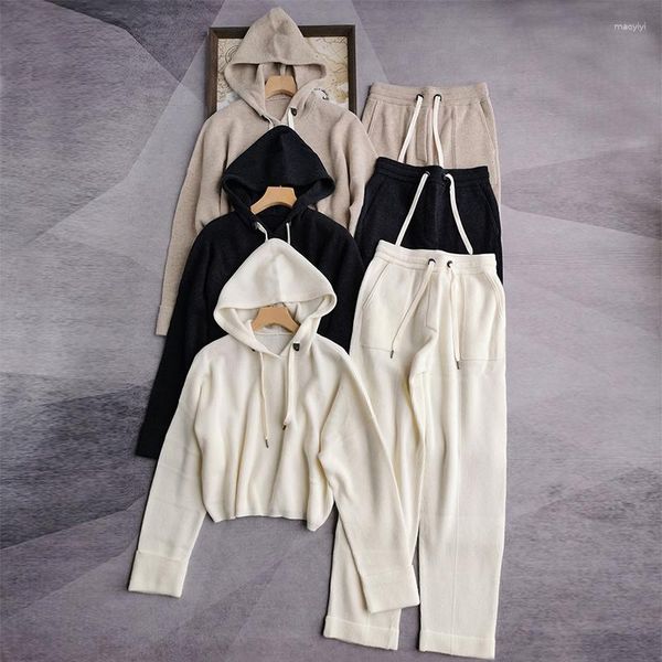 Pantaloni a due pezzi da donna Elegent Solid Wool Knit Set 2023 Donna Manica lunga con cappuccio Crop Maglione Coulisse Harem Pant Moda Casual Spessore 2