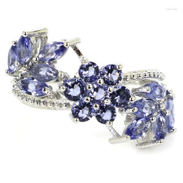 Anelli a grappolo Anello in ARGENTO STERLING SOLIDO 925 Progettato a forma di fiori Topazio blu svizzero Spinello viola CZ Gioielli di moda Fidanzamento della donna