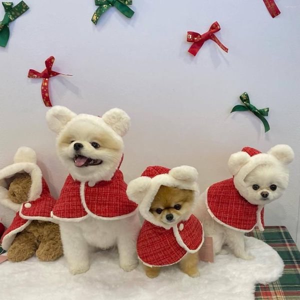 Abbigliamento per cani Vestiti per animali domestici Mantello in peluche natalizio Mantello con bavaglino con cappuccio Cappotto caldo festivo in cotone Dolce e confortevole