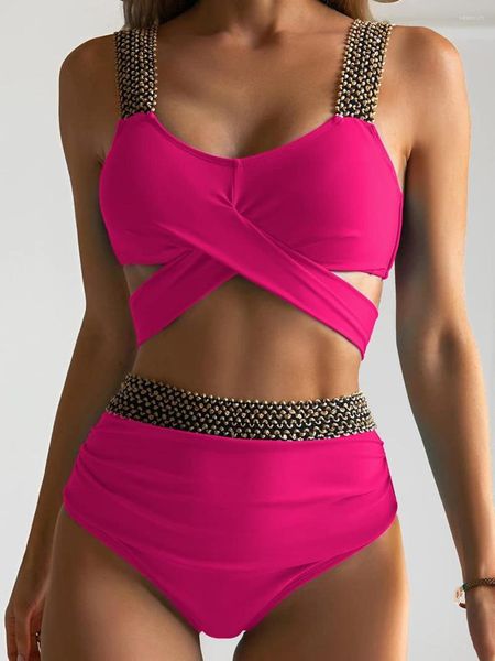 Mulheres Swimwear Cintura Alta Biquíni 2023 Mulheres Swimsuit Biquinis Set Brasileiro Sexy Cruz Mulher Banheiras Push Up Beach Wear Natação