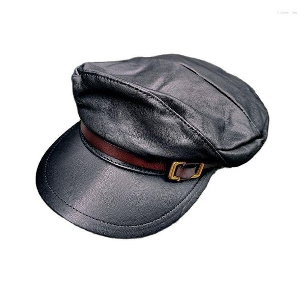 Berets Couro Genuíno Pescador Cap Motocicleta Estilo Militar Flat Top Hat Masculino Feminino