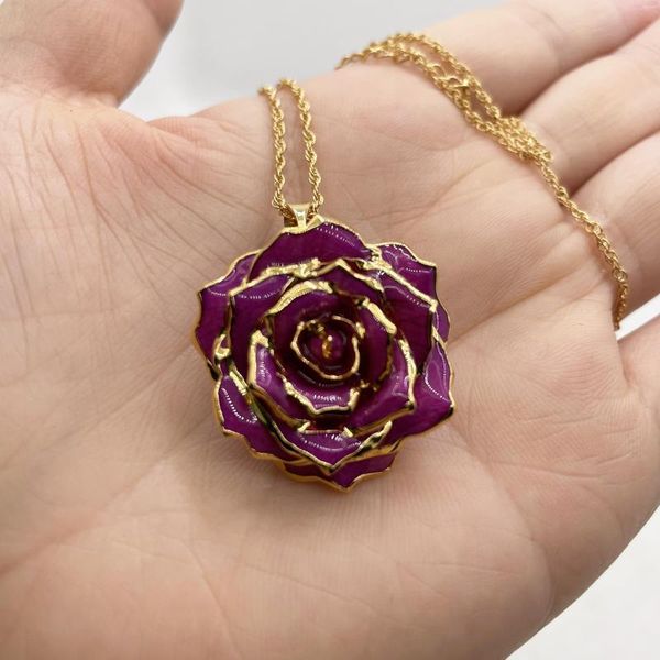 Flores decorativas 24k banhado a ouro natural preservado roxo rosa colar flor jóias para presentes de convidados de casamento e presente de dia dos namorados