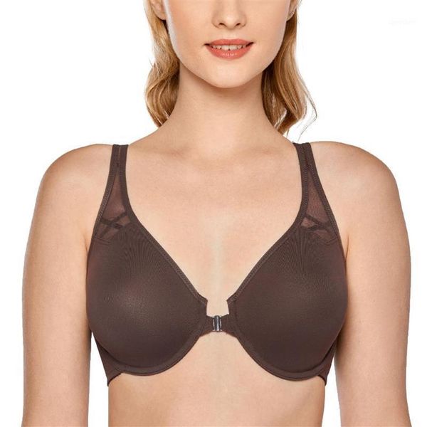 Feminino sem costura não acolchoado underwire fechamento frontal sutiã de renda racerback plus size12879