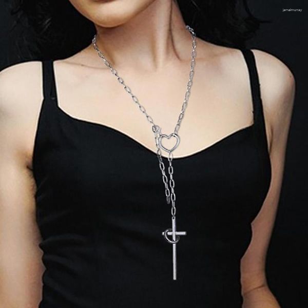 Anhänger Halsketten Gothic Hohl Herz Kreuz Halskette Punk Metall Lange Für Frauen Männer Y2K Schlüsselbein Kette Rock Schmuck Party Geschenke