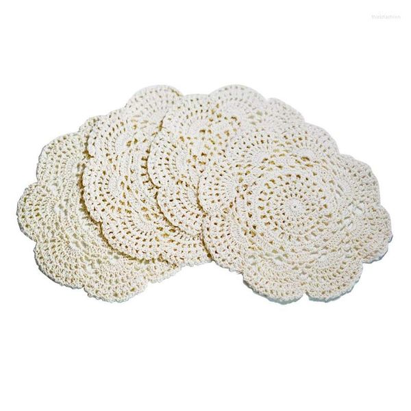 Tapetes de mesa 4 peças 8,6 polegadas doilies crochê renda redonda guardanapo artesanal de algodão porta-copos de crochê (bege)