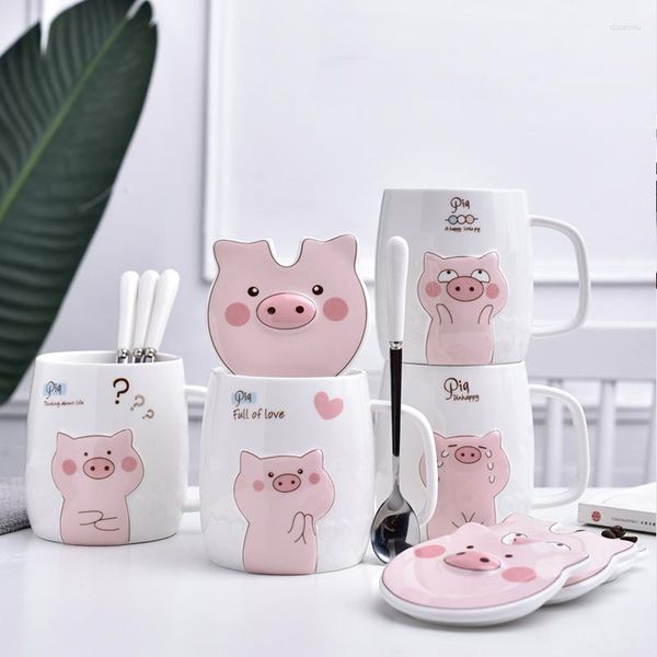 Canecas Criativo Bonito Piggy Cerâmica Caneca Dos Desenhos Animados Copo Com Tampa Colher Café Chá E Estudantes Drinkware Presente