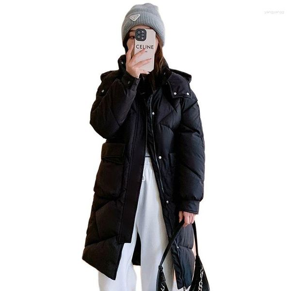 Trench da donna 2023 Piumini semplici in cotone Cappello lungo rimovibile al ginocchio Giacche parka femminili larghe