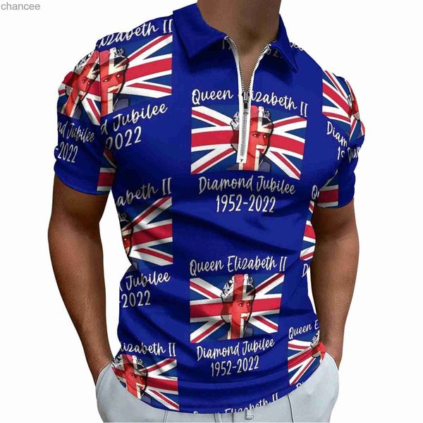 Bandeira britânica polo camisas dos homens rainha elizabeth i camisa casual verão y2k zíper t-shirts mangas curtas personalizado oversize topos hkd230825