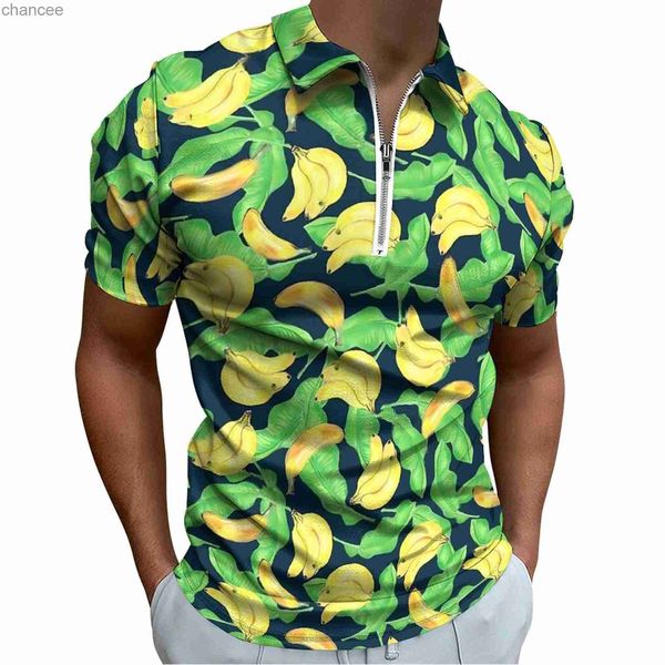 Tropische Bananen-Polohemden, männliches Fruchtdruck-Freizeithemd, Strand-lustige Reißverschluss-T-Shirts, kurze Ärmel, individuelle übergroße Kleidung HKD230825