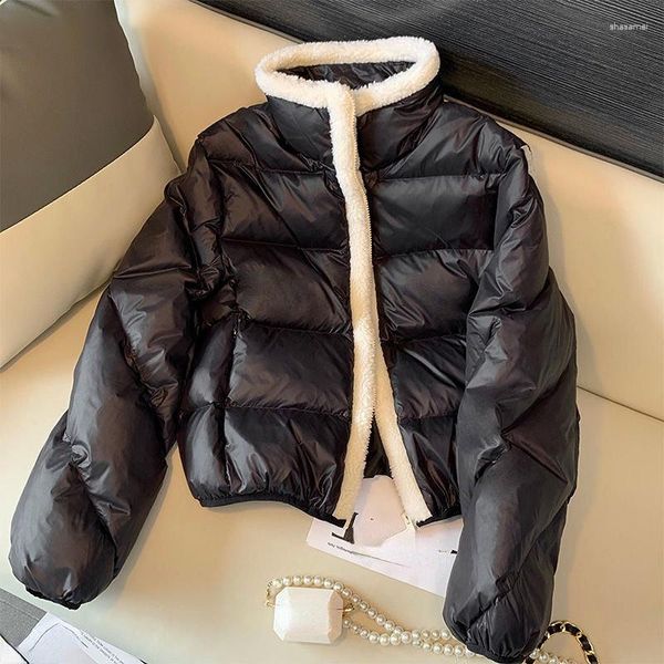 Damen Trenchcoats Winter Reißverschluss Stehkragen Mantel Mode Kontrast Splice Lammhaar Kurze Koreanische Parker Warme Jacke Baumwolle