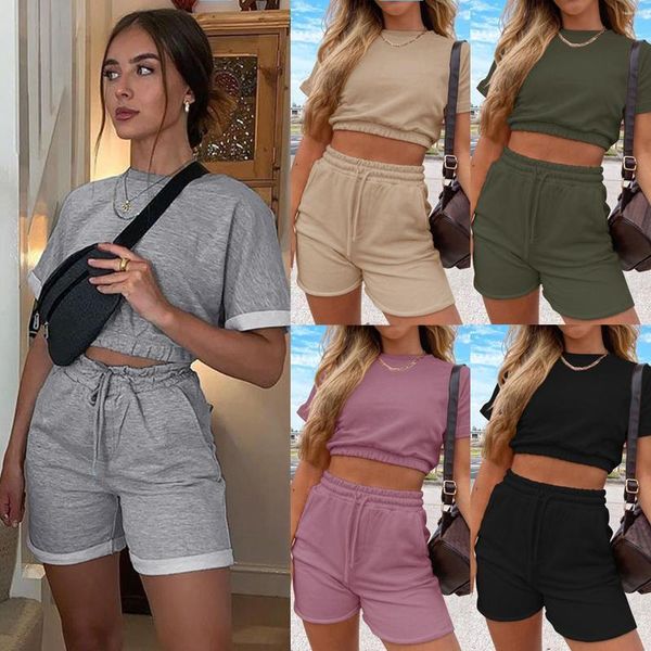 Kadınların Takipleri Kadın Spor Giyim Sıradan 2 PC Kısa Setler Katı Kollu Renk Moda Takip Takım Elbise