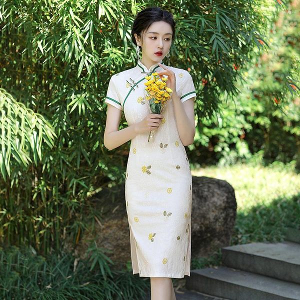 Этническая одежда сексуальные с коротким рукавом цветочные листья вышивая китайские женщины Чеонгсам Элегантный мандаринский воротник шифон Qipao