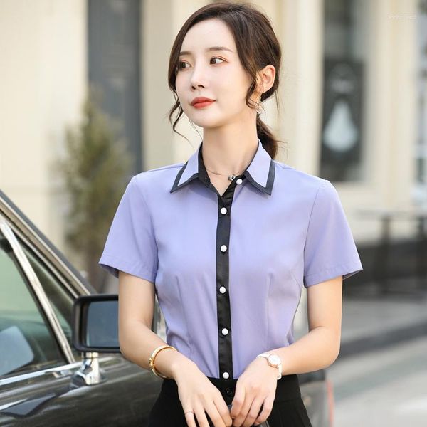 Kadın bluzları artı boyutu resmi üniforma tasarımları yaz kısa kol ve gömlek bayanlar ofis iş giyecek bluz kadın üst kıyafetleri gri