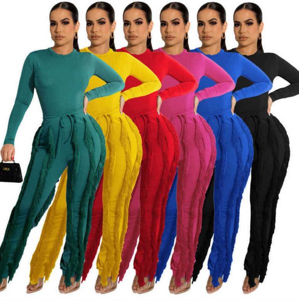 Tasarımcı Kadın Püskül İki Parçalı Pantolon Set Sonbahar Giysileri Bayanlar Uzun Kollu Bodysuit Tulum Üst ve Çizme Pantolon Eşleşen Kıyafetler 6 Renk