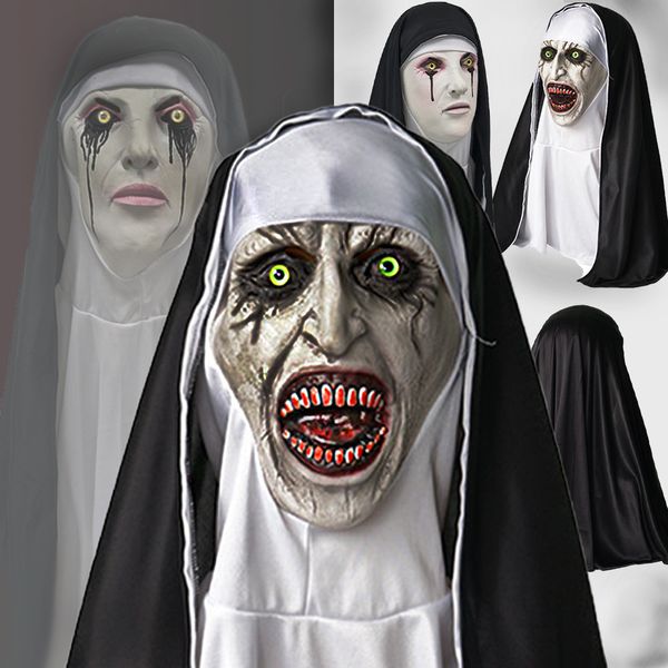 Máscaras de festa Halloween Horror Nun Máscara de Látex Irmã Lenço Cosplay Assustador Fantasma Rosto Headpiece Carnaval Festa Traje Adereços 230824