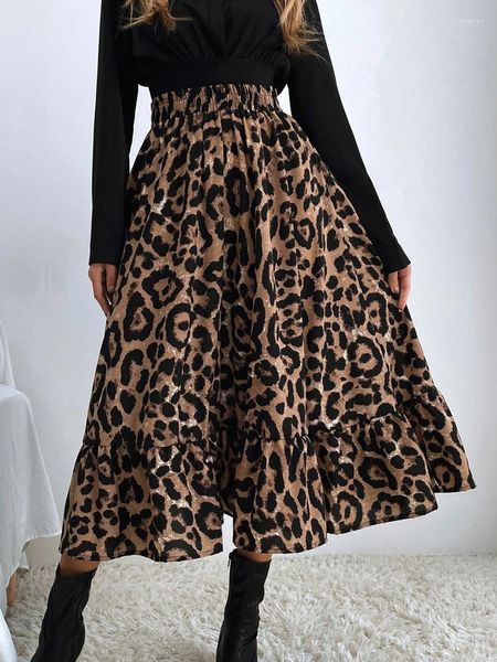 Saias leopardo impressão longo marrom a linha para mulheres outono inverno maxi vestido solto senhoras de cintura alta mori roupas 2023 moda