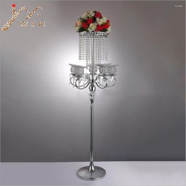 Castiçais de metal prateado 130cm, candelabros com pingentes, suporte de flores românticas, peça central de mesa de casamento, decoração de casa, 6 tamanhos