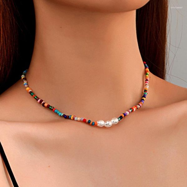 Correntes boêmio colorido frisado colares conjunto para mulheres meninas vintage pérola clavícula gargantilha colar curto verão na moda jóias presentes