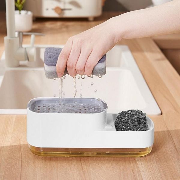 Dispenser di sapone liquido per cucina, capacità facile da usare, piatto 3 in 1 con spugna per la casa