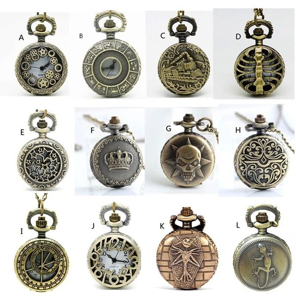 Relógios de bolso APW022 Atacado 12 designs Vintage Bronze Pequeno relógio de bolso misto colar estilo STEAMPUNK pingente de relógio por atacado. 230825