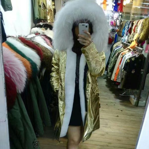 Pele feminina dourada pu parka inverno branco casaco falso estilo masculino jaqueta fashion com gola de guaxinim