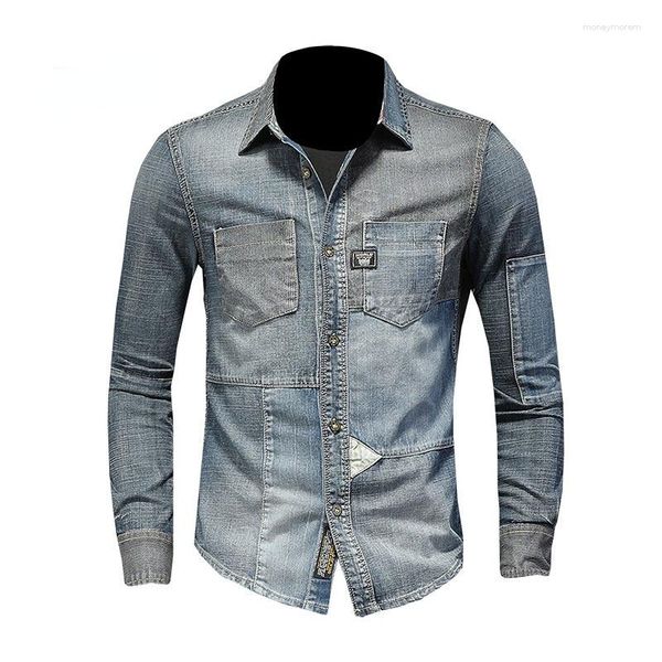 Camisas casuais masculinas 2023 polo colarinho manga longa remendo painel denim camisa vintage azul moda casaco fino