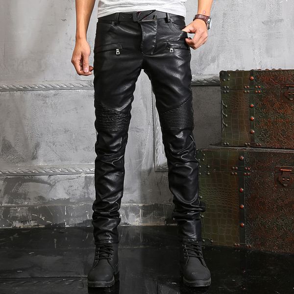 Erkek kot pantolon erkek pantolon kış siyah deri pantolon motosiklet rüzgar geçirmez ince modaya uygun kişilik kalınlaşmış binicilik 230825