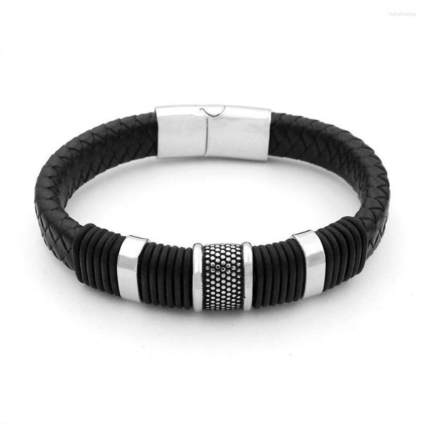 Charm-Armbänder für Herren, 12 mm breit, schwarz geflochtenes Echtleder-Armband, Edelstahl, abgeflachte europäische Perle mit starkem Magnetverschluss
