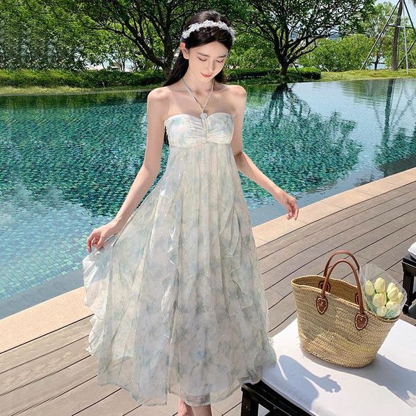 Casual Kleider Sommer Strand Urlaub Lange Frauen Halter Rüschen Blumendruck Elegante Pailletten Party Kleid Fee Trägerlosen Vestidos Q088