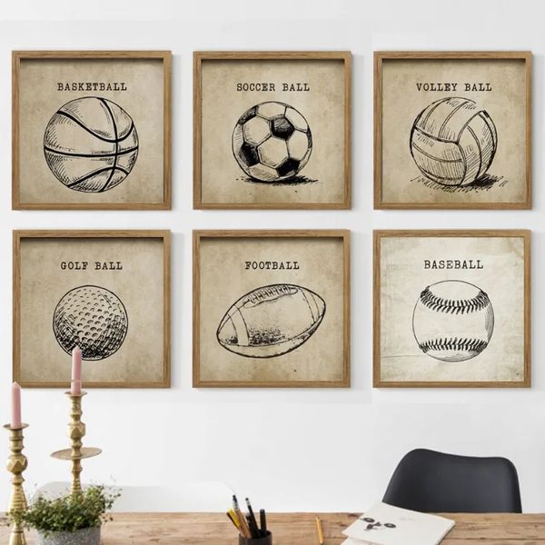 Vintage-Fußball-Basketball-Skizze, Leinwandgemälde, Fitnessstudio, Sportbälle, Poster, Drucke, junge Fans, Wandkunst, Bild, Kinderzimmer, Wohnzimmer, Heimdekoration, Geschenk, ohne Rahmen, Wo6