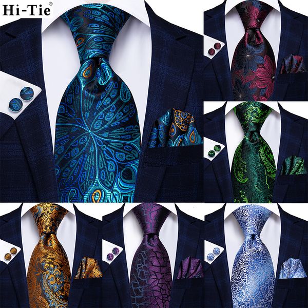 Gravatas de pescoço Hi Tie Pavão Azul Novidade Design Gravata de Casamento de Seda para Homens Hanky Cufflinks Presente Mens Gravata Conjunto de Festa de Negócios Drop 230824