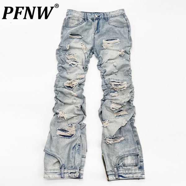 Jeans masculinos pfnw primavera outono desgastado nicho design vintage calças jeans longo fino encaixe plissado moda calças 12a7717 230824