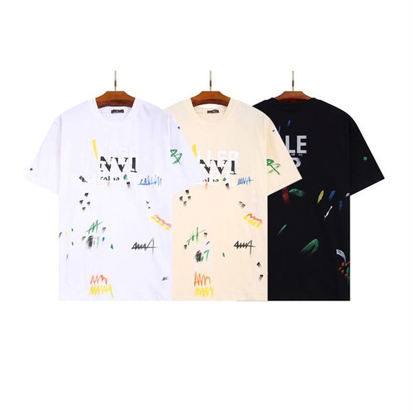 Camiseta masculina e feminina 100% algodão pintado à mão tinta respingo graffiti letras soltas manga curta em torno do pescoço camisetas grandes a266v