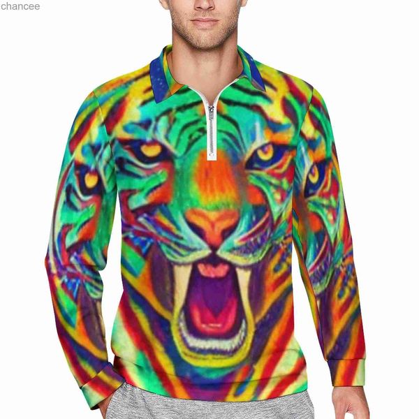 Polo con stampa tigre africana Camicia casual con cerniera animale quotidiana Manica lunga Colletto rovesciato T-shirt oversize con grafica elegante HKD230825