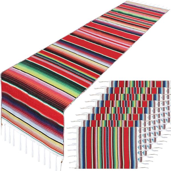 Corredor de mesa 9pack Mexican Stripe Table Runner com Placemats Algodão Decoração de mesa de jantar para Cinco de Mayo Mexican Fiesta Party Wedding 230824